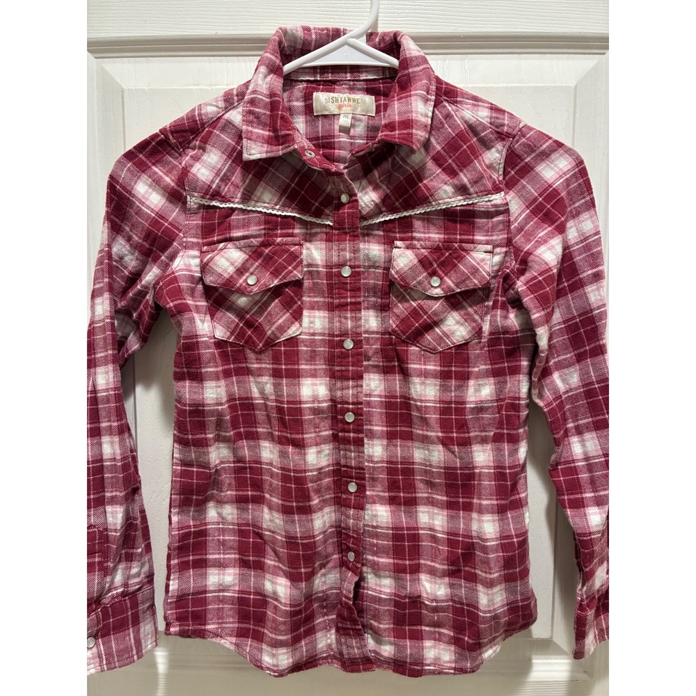 Shyanne Girls Red Plaid Western Snap Shirt Lace Trim Metallic Shimmer Size M